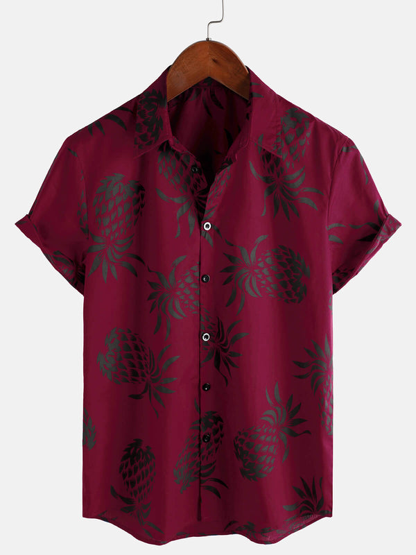 Men's Hawaiian Short-Sleeved Button-Down Shirt In Red With Pineapple Print