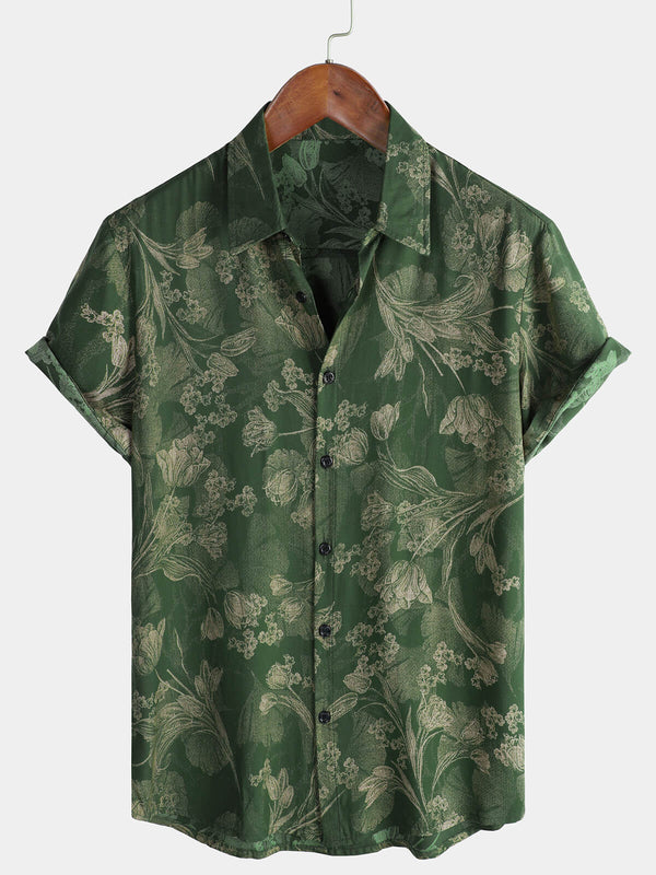 Men's Breathable Short-Sleeved Button-Down Hawaiian Shirt In Vintage Style In Green