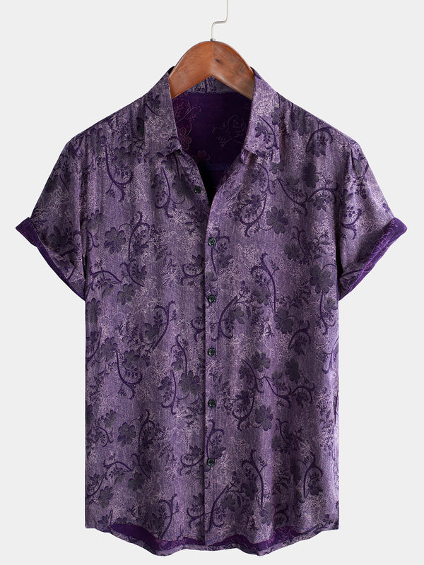 Men's Breathable Hawaiian Short-Sleeved Shirt With Vintage Holiday Pattern In Purple