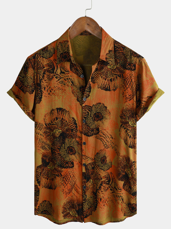 Men's Retro Floral Print Breathable Hawaiian Button-Down Short-Sleeved Shirt
