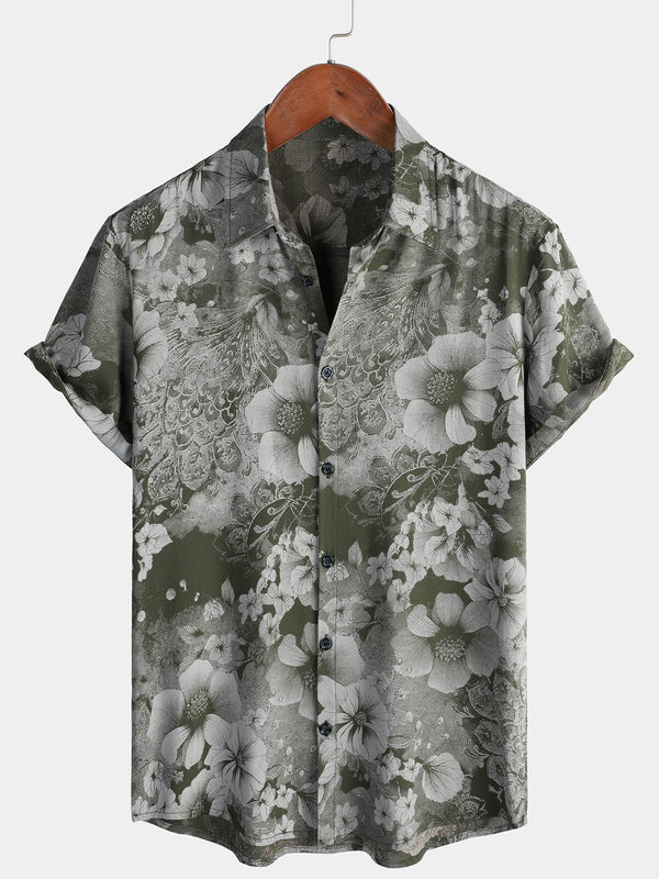 Men's Retro Style Green Breathable Hawaiian Holiday Button Down Short Sleeve Shirt