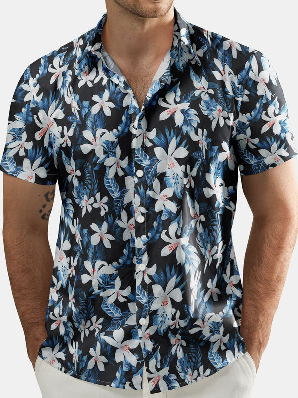 Men's Short-Sleeved Summer Shirt With Floral Print, Beach Holiday, Button Placket