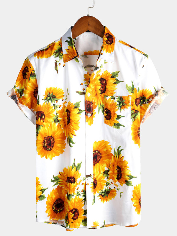 Men's Short-Sleeved Shirt With Vintage Sunflower Pocket