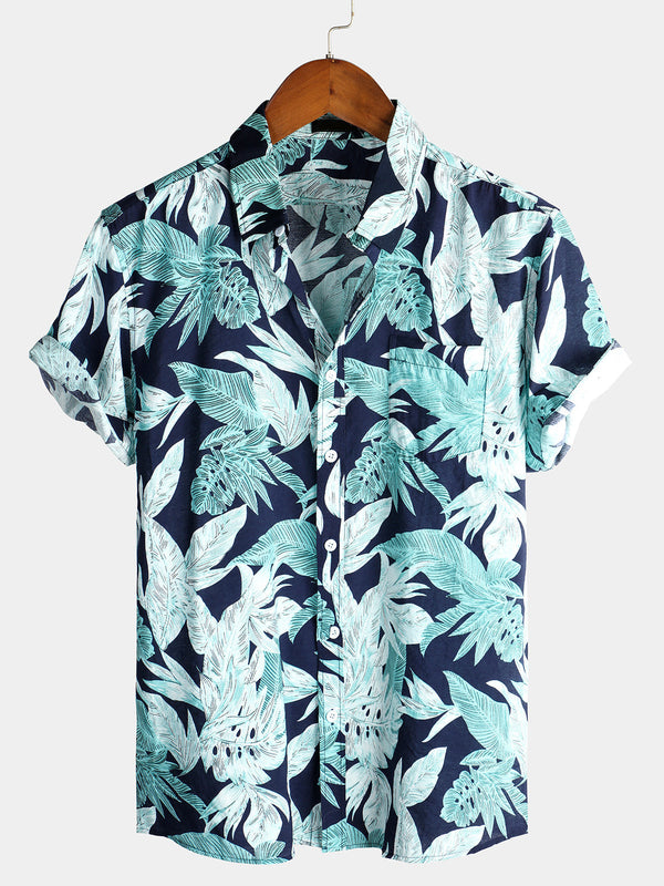 Men's Short-Sleeved Shirt With Blue Floral Pattern Made Of Cotton