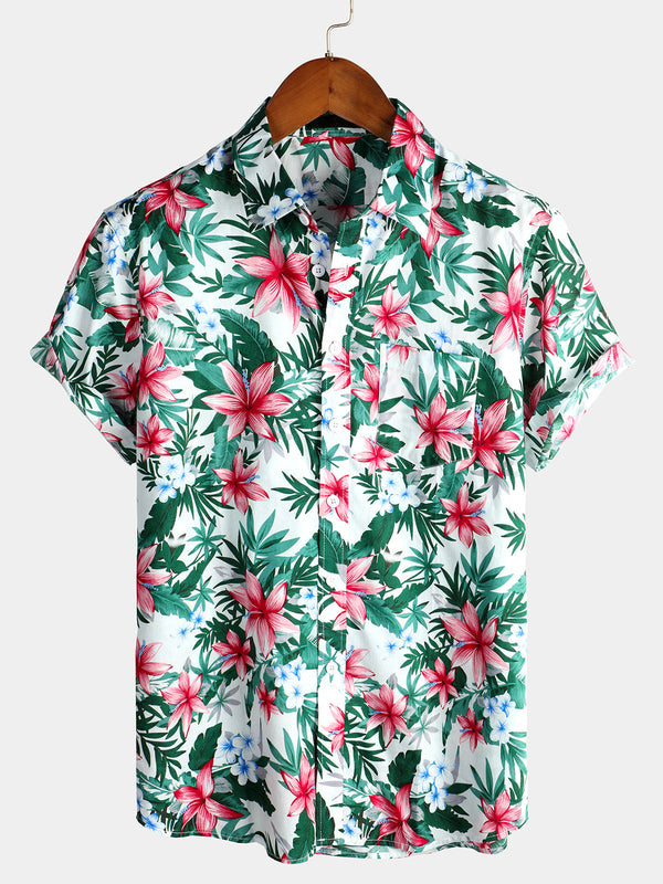 Men's White Holiday Cotton Shirt With Tropical Floral Pockets