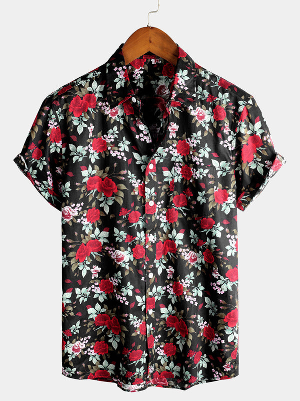 Men's Black Short-Sleeved Cotton Shirt With Floral Holiday Rose Print