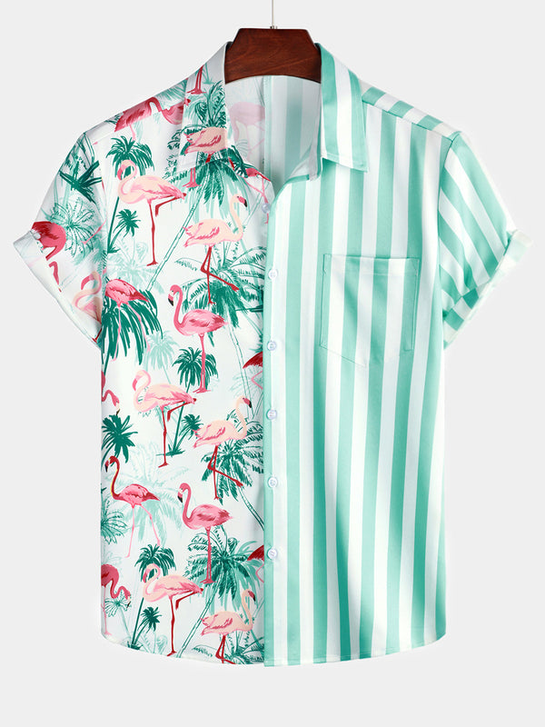 Men's Short Sleeve Shirt With Flamingo Green Stripe Print, Pocket, Tropical Beach Vacation, Button Placket