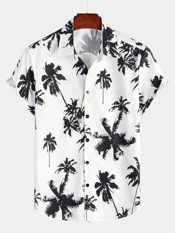 Men's Tropical Palm Print Cotton White Hawaiian Short Sleeve Summer Beach Cruise Camp Shirt