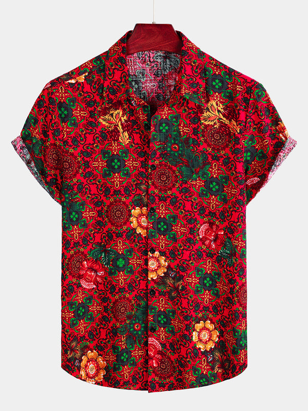 Men's Hawaiian Cotton Shirt With Vintage Floral Print And Short Sleeves