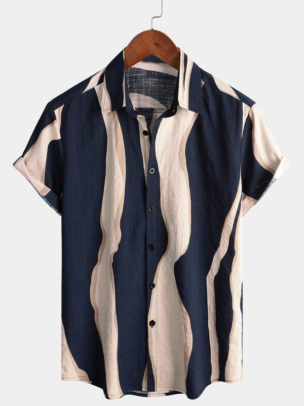 Men's Retro Casual Striped Summer Holiday Navy Blue Short Sleeve Button Down Shirt