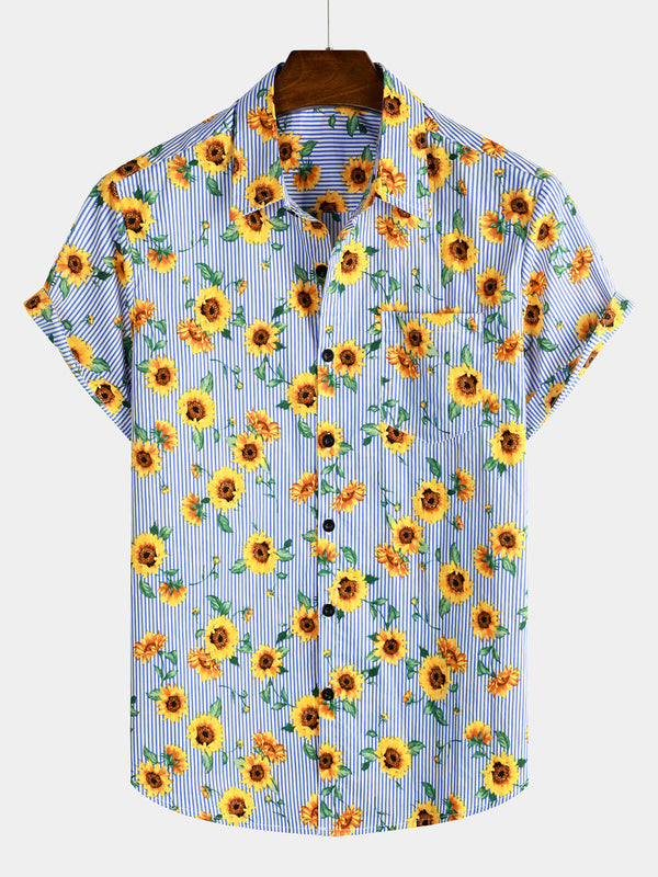 Men's Sunflower Floral Print Striped Hawaiian Summer Holiday Short Sleeve Shirt