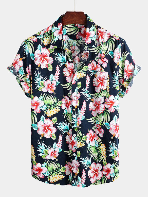 Men's Short-Sleeved Cotton Shirt With Floral Pattern In Dark Blue For Vacation