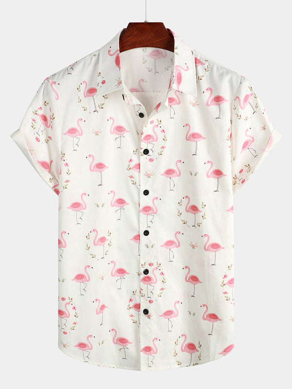 Men's Casual Short-Sleeved Cotton Shirt With Flamingo Print