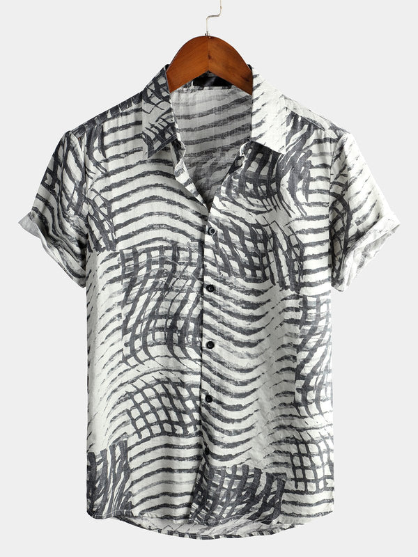 Men's Short-Sleeved Striped Printed Retro Cotton Shirt