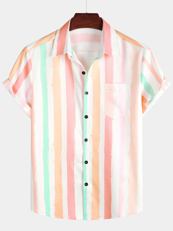 Men's Summer Pink And White Vertical Striped Pocket Button Short Sleeve Rainbow Shirt