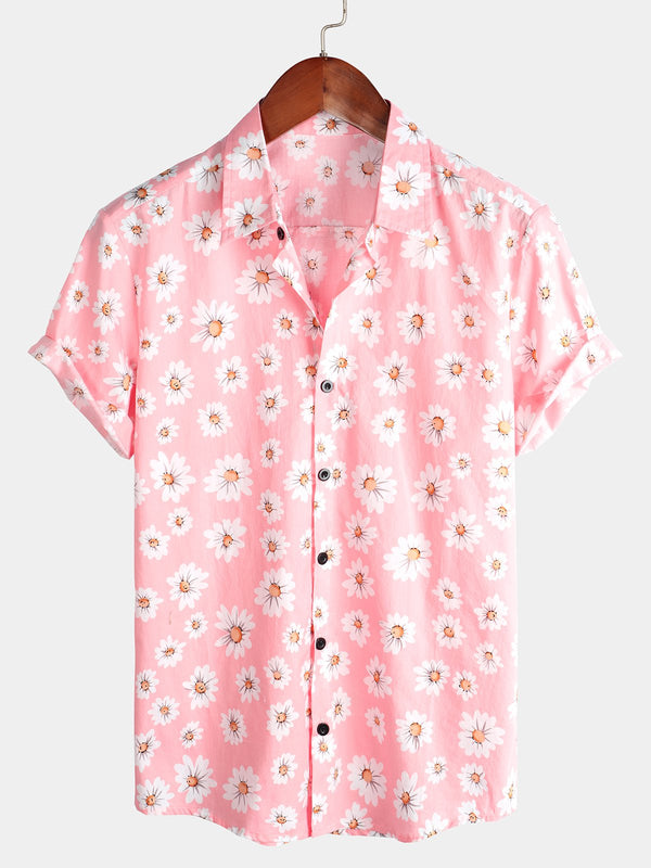 Men's Pink Hawaiian Cotton Shirt With Floral And Daisy Print