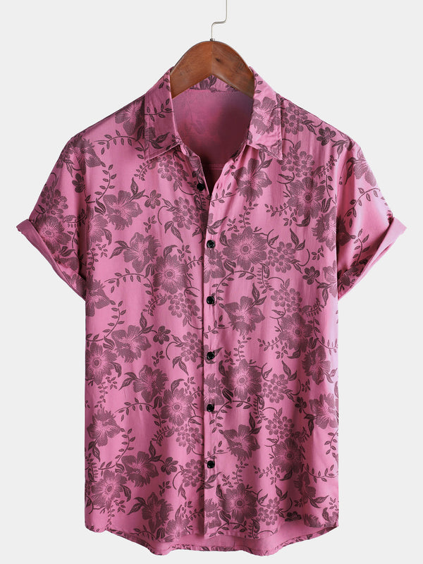 Men's Breathable Hawaiian Short Sleeve Button-Down Shirt In Vintage Style With Floral Print In Pink