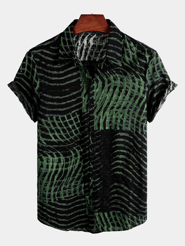 Men's Summer Short-Sleeved Shirt With Retro Print In Green