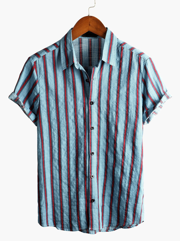 Casual, Short-Sleeved, Blue Striped Men's Shirt