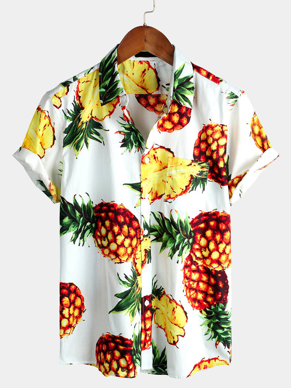 Men's White Cotton Pocket Shirt In Tropical Pineapple Style