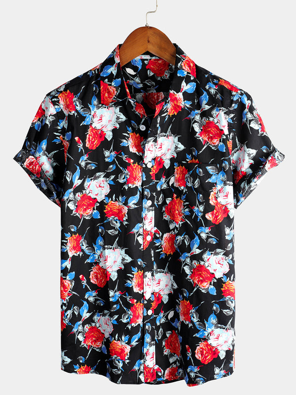 Men's Cotton Shirt With Rose Pocket And Floral Pattern In Black