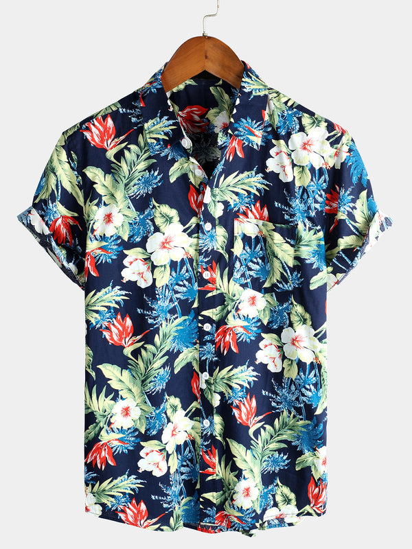 Men's Blue Tropical Floral Holiday Cotton Shirt