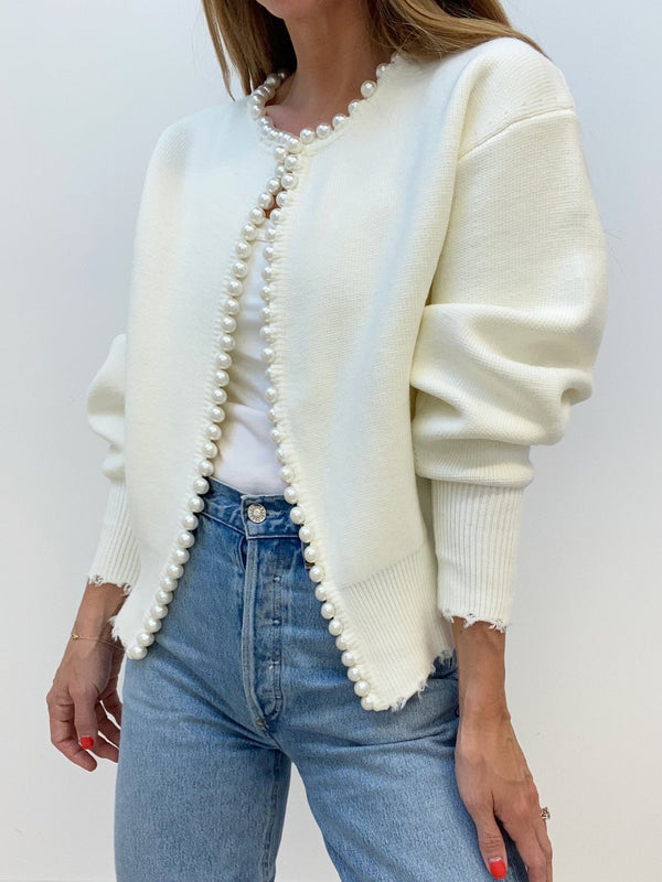 Nora - Cardigan With Pearl Trim And Frayed Hem