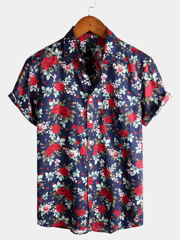 Men's Navy Rose Holiday Cotton Shirt