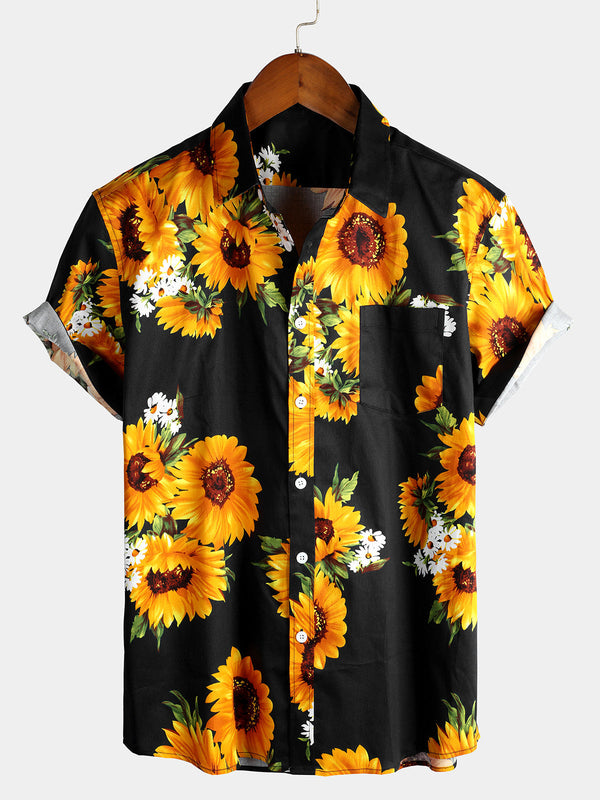 Men's Black Vintage Short-Sleeved Shirt With Sunflower Pocket