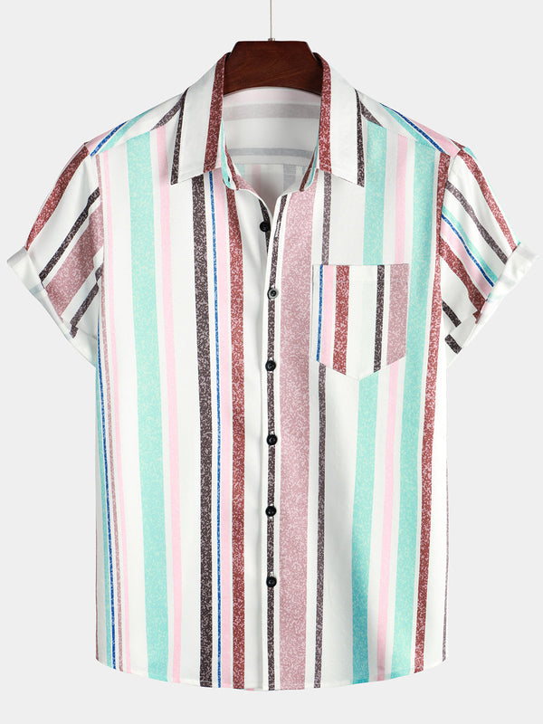 Colorful, Vertically Striped, Short-Sleeved Men's Shirt With Button Placket And Pockets
