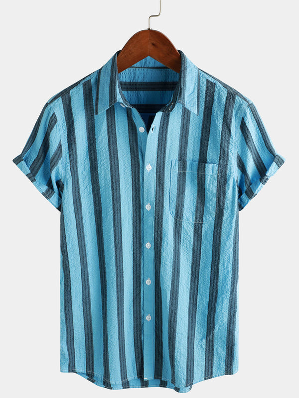 Men's Casual Pocket Striped Cotton Hawaiian Holiday Short Sleeve Button Down Shirt