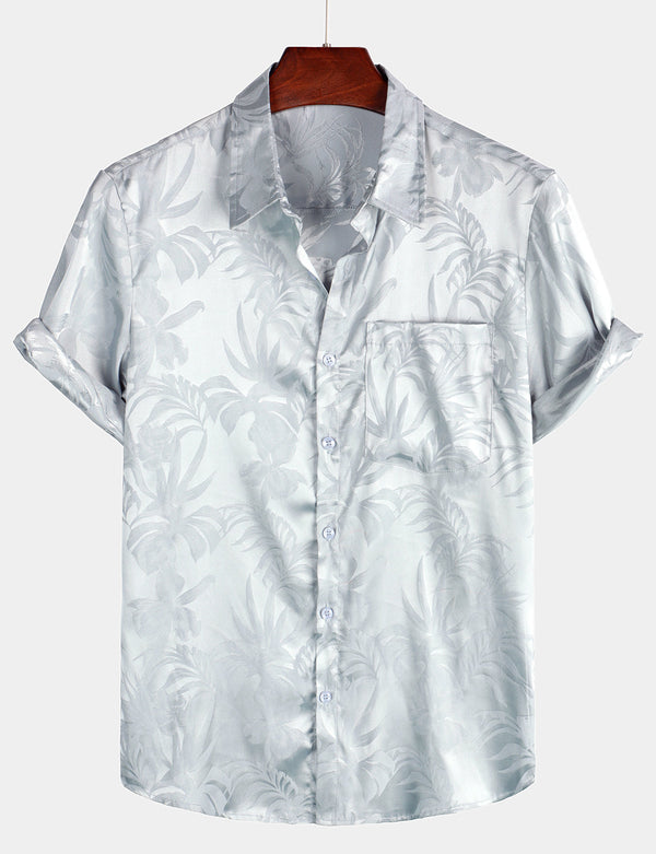 Men's Summer Jacquard Beach Shirt, Casual, Elegant, With Button Placket And Pockets, Short Sleeve