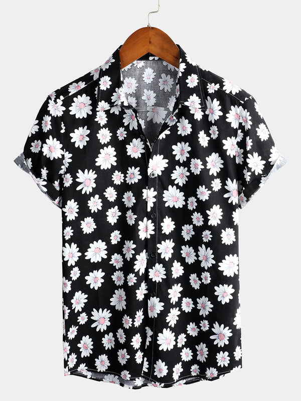 Black Men's Shirt Made Of Tropical Hawaiian Cotton With Floral And Daisy Print