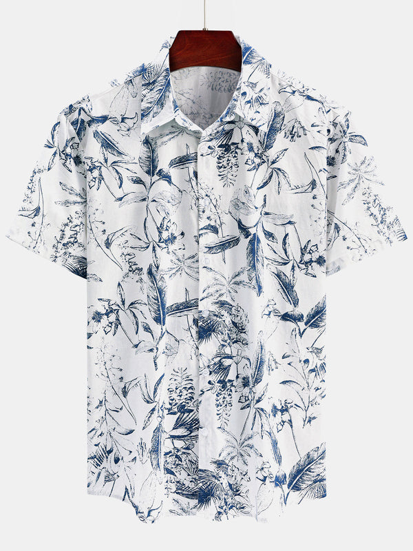 Men's Casual Summer Short-Sleeved Cotton Floral Shirt