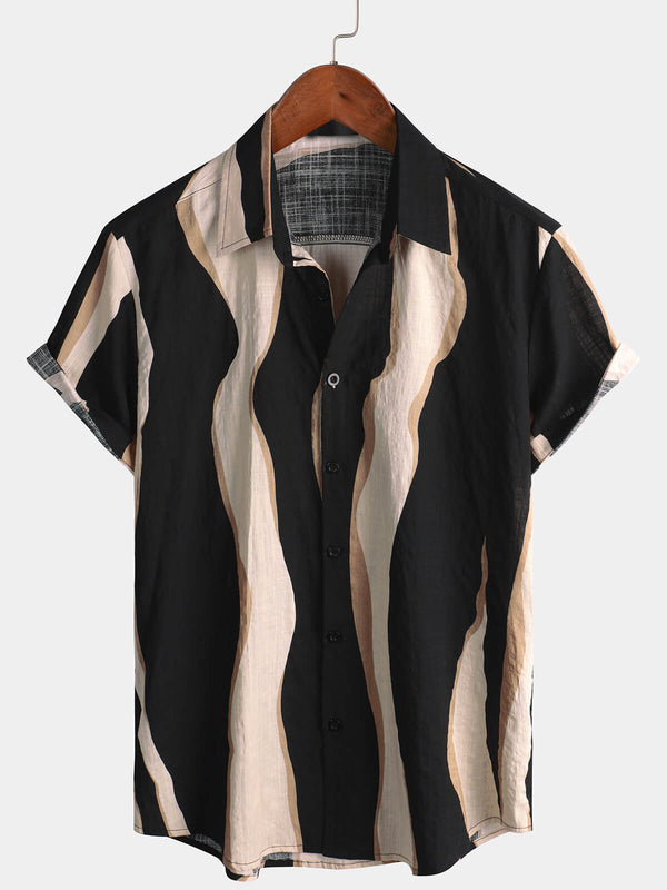 Men's Retro Style Casual Striped Summer Holiday Black Button-Up Short-Sleeved Shirt