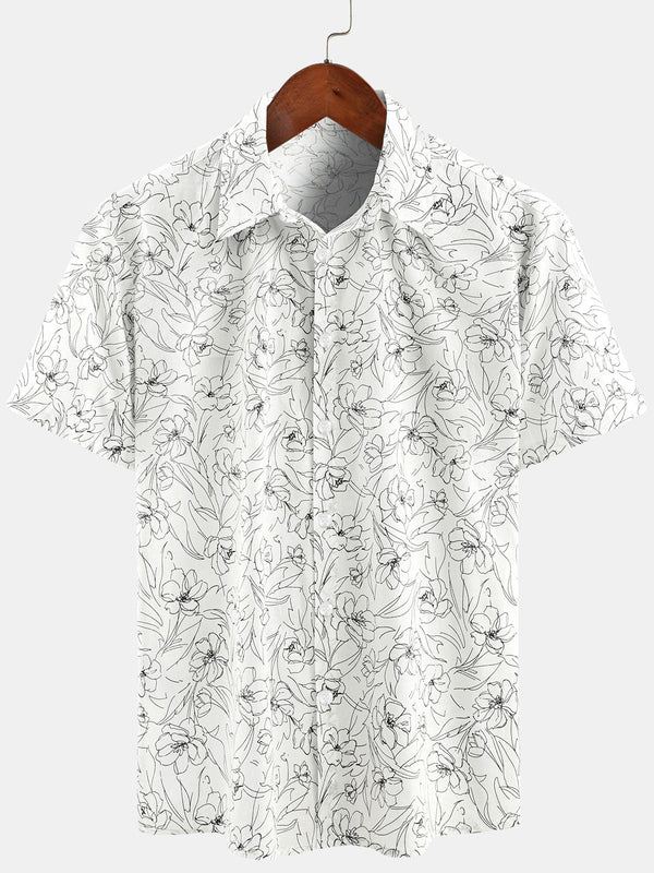 Men's Summer Casual Line Floral Print White Cotton Short Sleeve Shirt