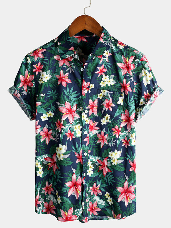 Men's Blue Tropical Floral Holiday Cotton Shirt