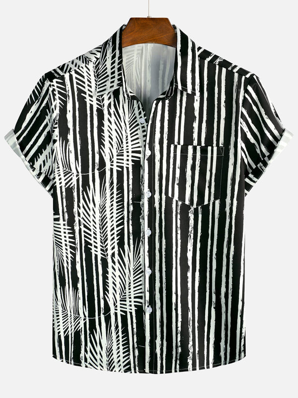 Men's Hawaiian Shirt With Tropical Plant Stripe Print, Pocket, Black, Short Sleeve