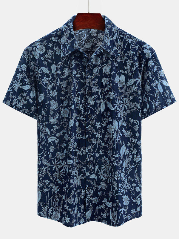 Men's Summer Short-Sleeved Cotton Shirt With Tropical Print, Casual, For Vacation