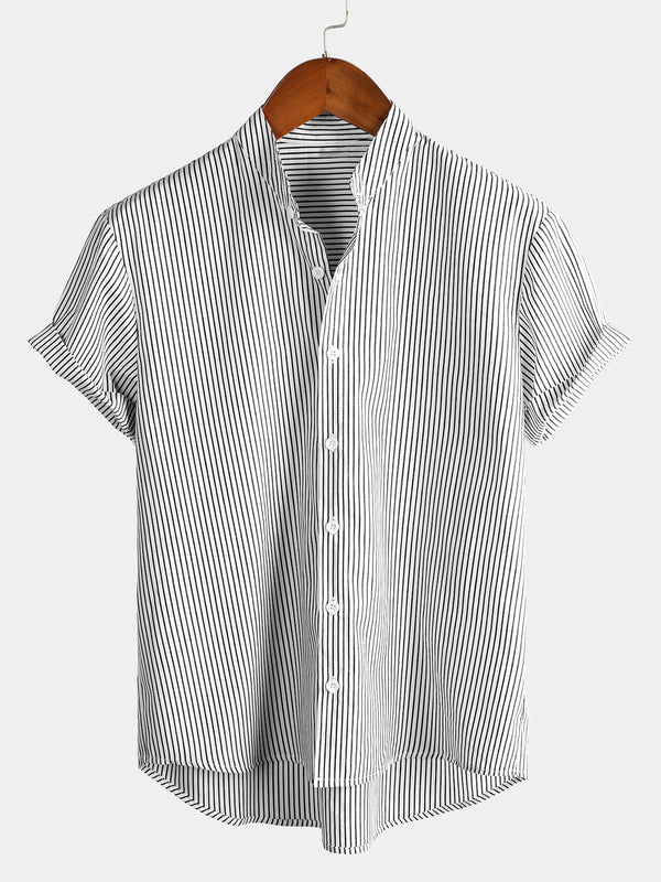 Men's Breathable Casual Short Sleeve Striped Stand Collar Shirts