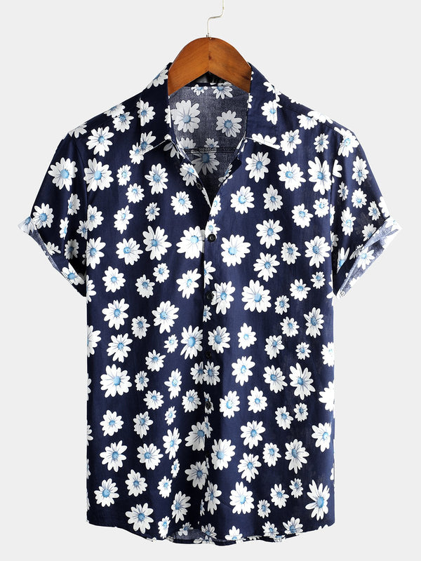 Men's Tropical Hawaiian Cotton Shirt With Floral Daisy Print