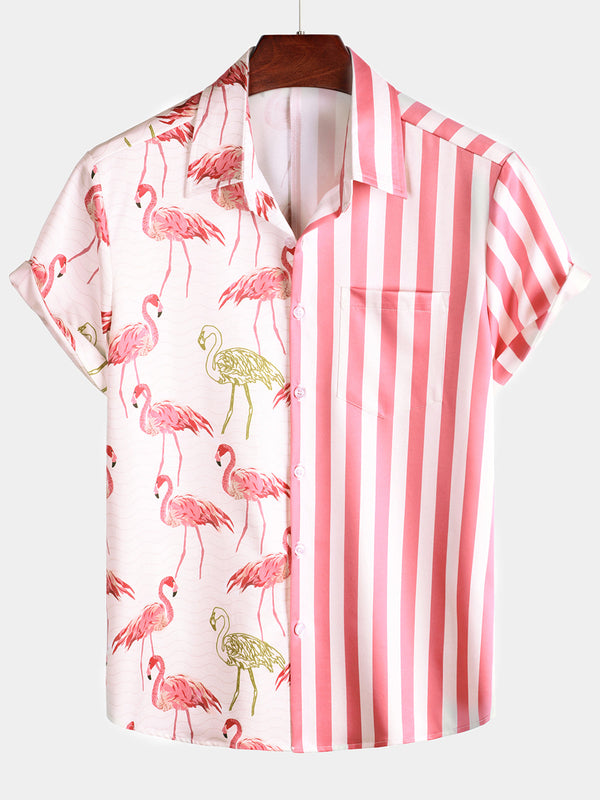 Men's Pink Flamingo Animal Print Striped Tropical Pocket Button Down Short Sleeve Shirt Vacation Beach Cruise Camp