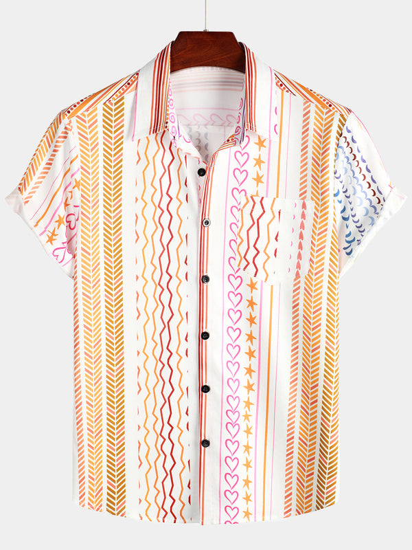 Men's Summer Short-Sleeved Shirt With Casual Striped Print, Retro Pocket And Buttons