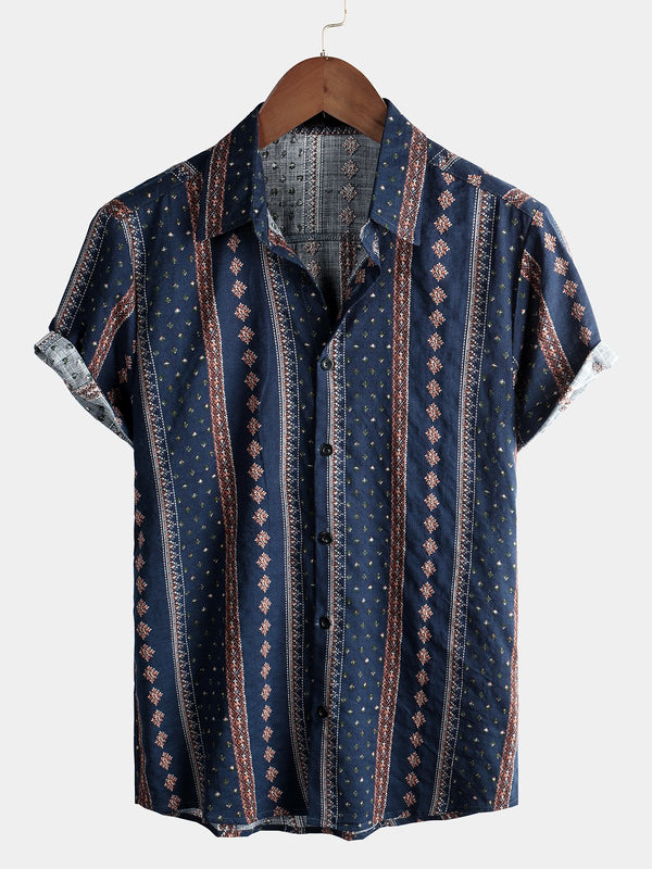 Men's Retro Button-Down Shirt, Short Sleeve, Cotton, 70S Style