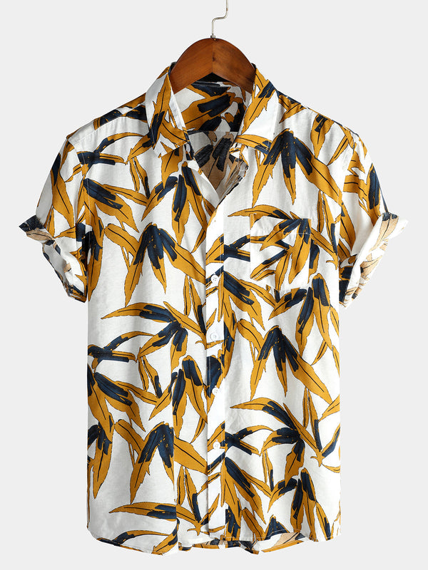 Men's Cotton Leaf Print Pocket Shirt For Vacation