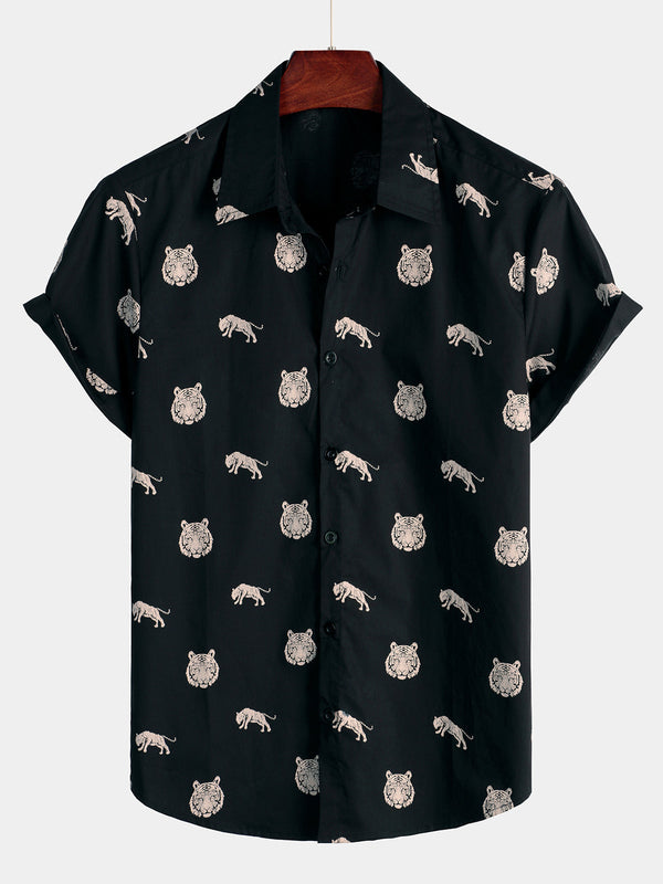 Men's Casual Black Short-Sleeved Lapel Shirt With Tiger Animal Print And Buttons