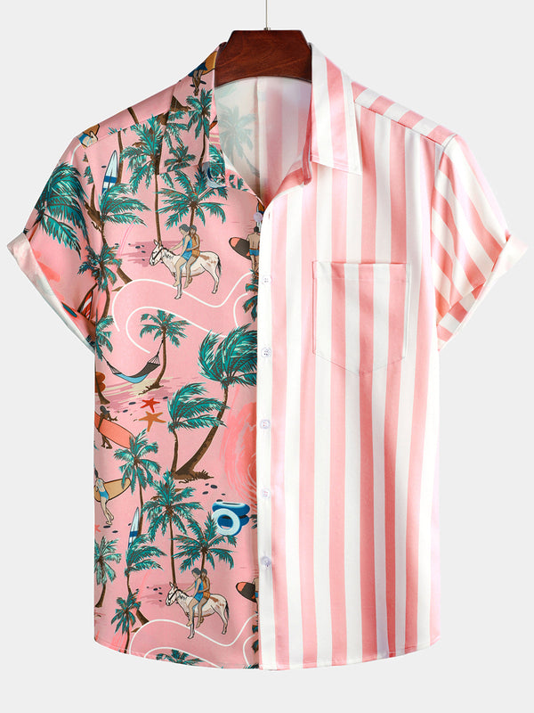 Men's Pink And White Striped Aloha Hawaiian Shirt With Palm Tree Pattern