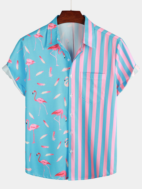 Men's Short-Sleeved Shirt With Flamingo And Stripe Pattern And Patchwork Pocket