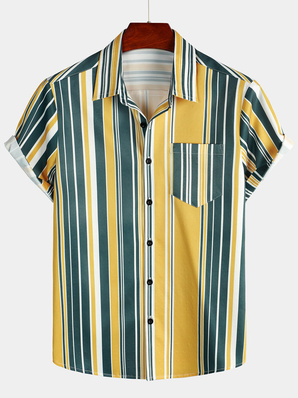 Men's Casual Button-Down Shirt, Retro Style, Yellow And Green, Vertical Striped Pockets, Short Sleeve