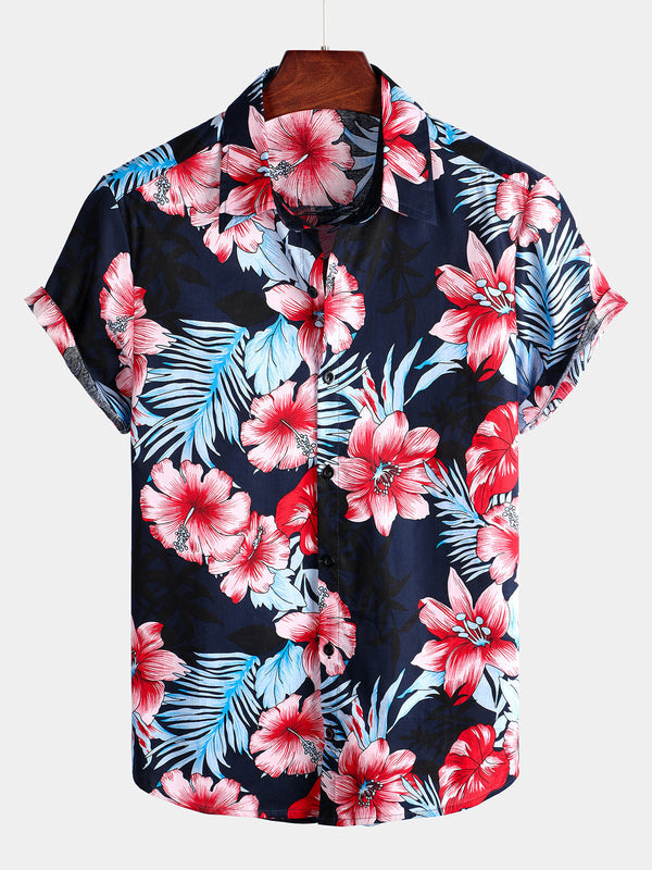 Men's Hawaiian Shirt Made Of Cotton With Tropical Plant Print And Floral Pattern